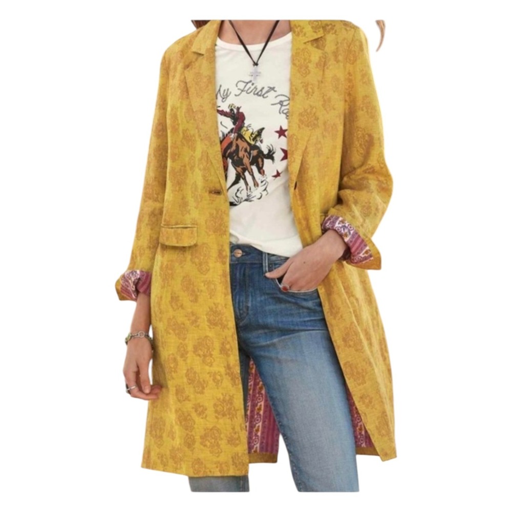 Sundance RARE Sundown Regalia Long Jacket Coat Gold Linen Boho Art Petite Large